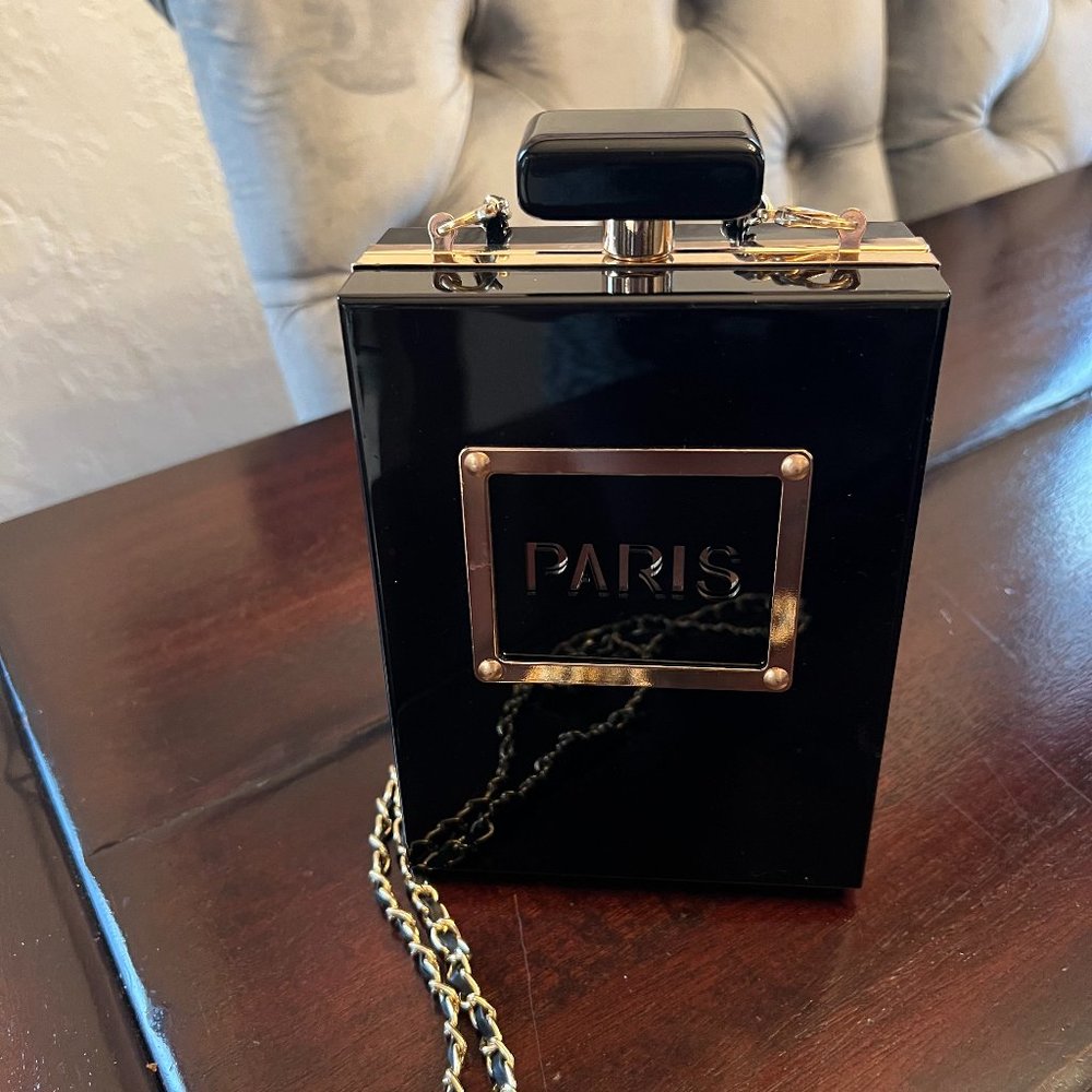 Women's Acrylic Paris Perfume Shaped Black Bag Purses Clutch Evening Bags